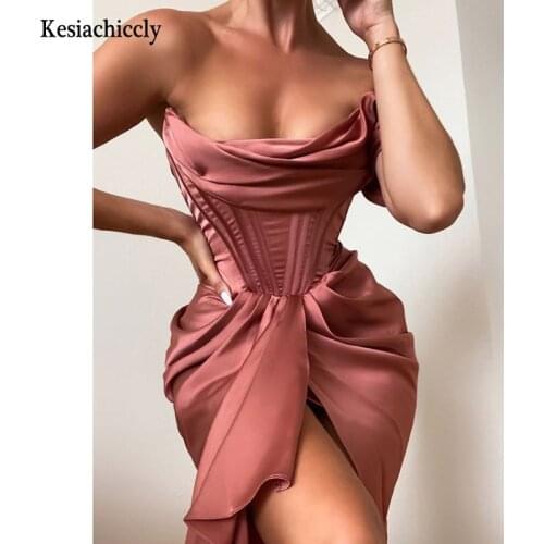 Kesiachiccly Off Shouler Satin Dress Women Sexy Strapless Party Dresses Summer High Split Backless Elegant Ruched Dress Bodycon