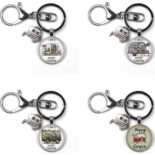 Happy Camper Cute Travel Car Lobster buckle Keychain Glass Mens Cabochon Jewelry Glamping Goddess Traveler Gift Pendant I Camp