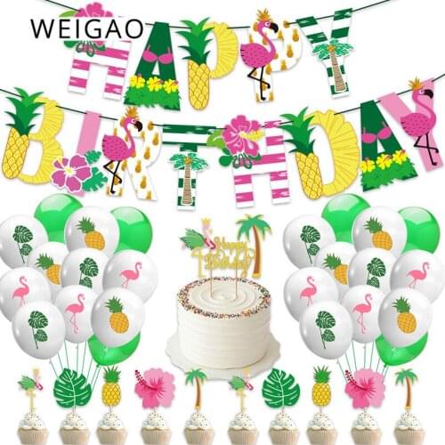 Hawaii Birthday Decorations Happy Birthday Bunting Banner Cake Topper Summer Tropical Luau Palm Leaf Flamingo Party Supplies