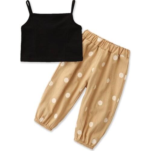 2Pcs Sweet Style Little Girls Outfit, Solid Color Sleeveless Suspender Tops + Dot Printing Long Ankle Banded Pants Set
