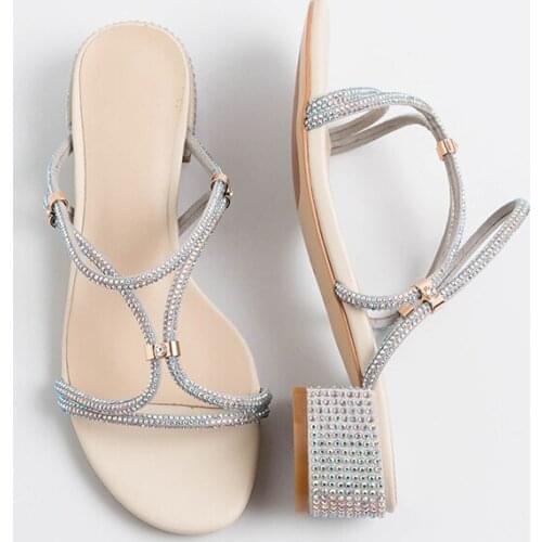 Summer fashion bling sandals slip on med heels concise slides woman sexy slipper square heel sandals beach shoes