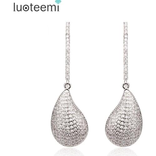 LUOTEEMI teardrop shape real luxury aaa cubic zircon stone micro paved dangle earrings elegant sexy women dress accessories
