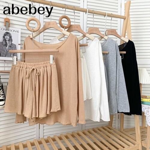 Fashion O-Neck Long Sleeve T-Shirt Top + elastic waist high waist pleated casual wide leg Shorts 2-piece set 2021 New Summer