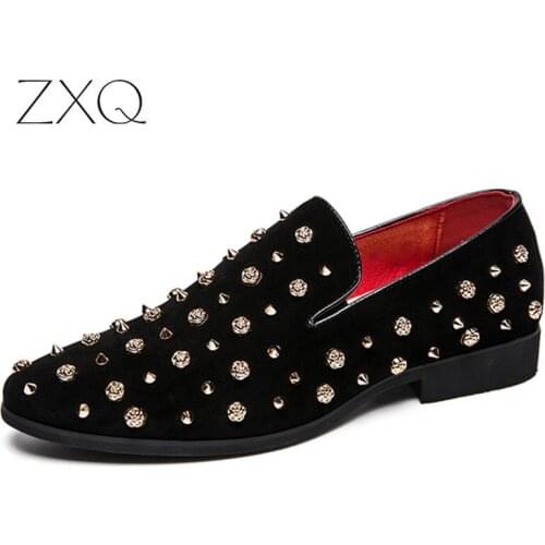 Plus Size 38-47 Black Spikes Rhinestones Glitter Men Loafers Smoking Slipper Casual Shoes Wedding Dress Mens Flats