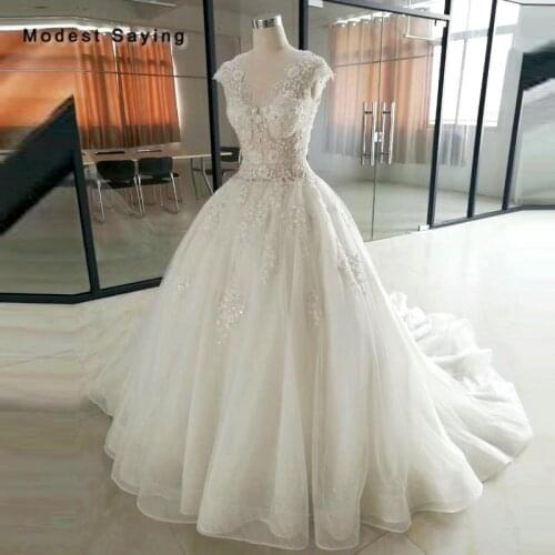 Real Luxury Ivory Ball Gown Embroidery Lace Wedding Dress 2018 Sexy Sheer Cap Sleeves Bridal Gowns Custom Made robe de mariee