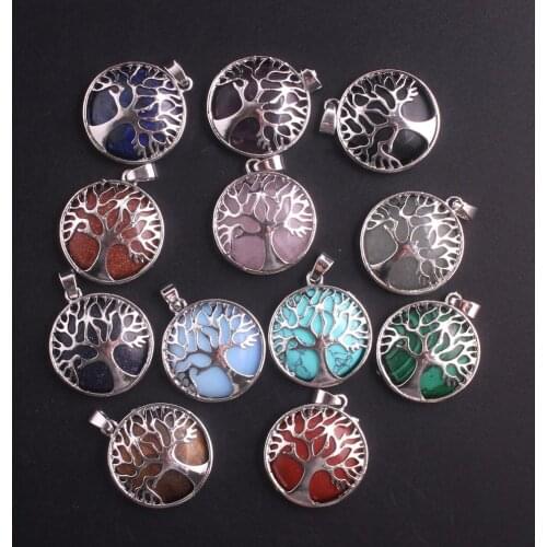 24PCS 27*27mm Agates Natural Stone Pendants Life Of Tree Energy Pendant Necklace Pendulum For Girls Women Gift Jewelry Making