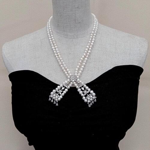 YYGEM Luxury style natural Freshwater Cultured 6-7mm White Potato Pearl Necklace Cz Pave flower silver plated Pendant 19"