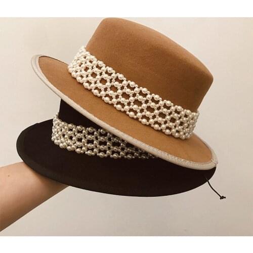 Fedora Hats For Women Autumn Winter Handmade Pearl Decoration 100% Wool Top Hat Flat Top Wide Brim Cap Female Windproof New 2021
