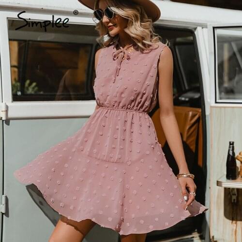 Simplee Casual sleeveless chiffon short dress summer women pink Office lady A-line solid dresses V-neck lace up holiday vestido