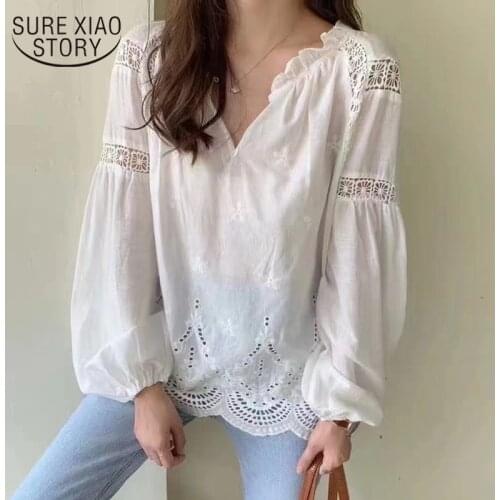 Summer New 2021 Niche Design V-neck Embroidery Hollow Loose Long Sleeve Shirt Female Silm Sweet Solid Office Ladies Blouse 15584