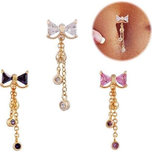 Women Navel Ring Bowknot Tassel Pendant Rhinestone Inlaid Navel Ring Body Piercing Jewelry Womans accesories