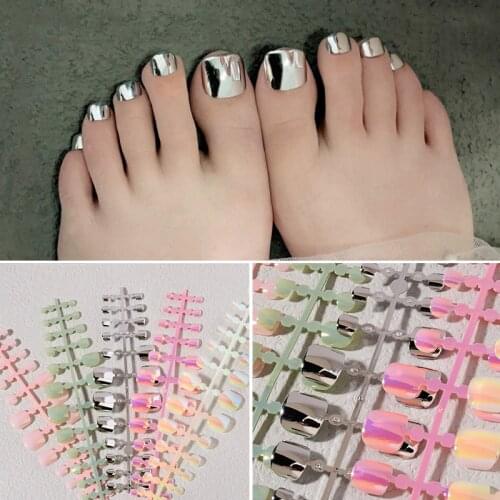 24Pcs Full Cover Toenails False Nails Decals Metallic Colors Mirror Shiny French False Toes Art Tips Decoration Nail Stickers