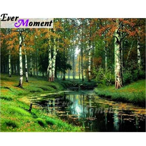 Ever Moment Diamond Painting Forest River Birch Full Square Drill Picture Rhinestone Diamond Embroidery Decoration Home ASF1671
