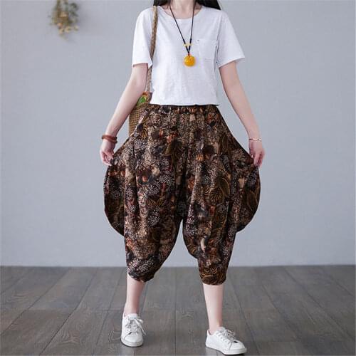 Sarouel Femme Summer Floral Capri Pants Linen Harem Pants Sweet Casual Cropped Trousers Ladies Bloomers