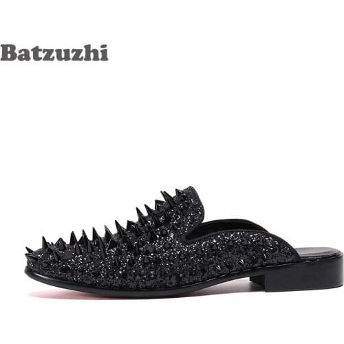 Black Long Rivets Leather Slippers Sandal for Men New Fashion Mens Sandal Shoes Party Summer Sandalias Mujer Gladiator, EU38-46