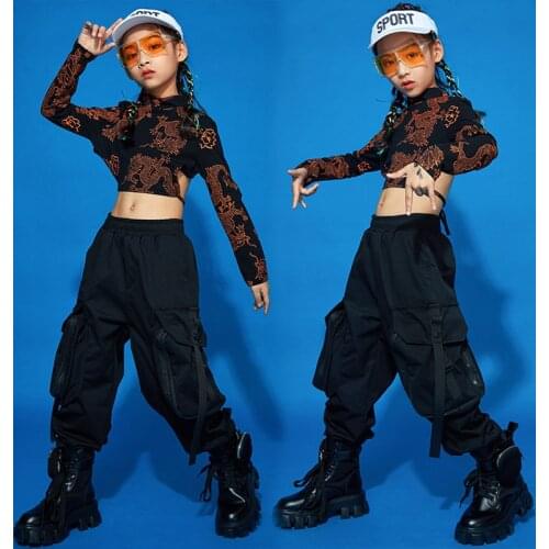 Kids Carnival Hip Hop Clothing Crop Tops Sweatshirt Streetwear Tactical Cargo Pants For Girls Concert Jazz Dance Costume Clothes