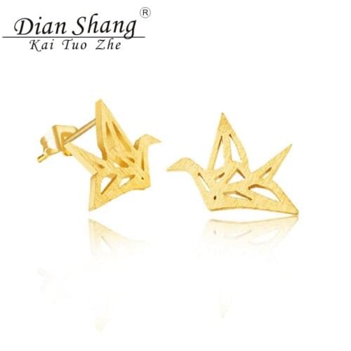 Wholesale 10pairs BFF Gold Color Origami Paper Crane Stud Earrings For Women Folded Famous Earring Brand Mens Jewelry