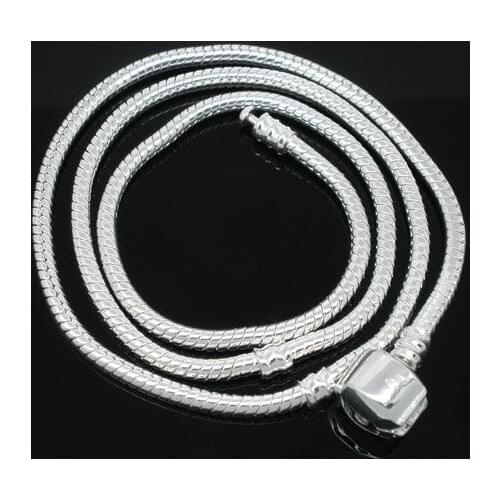 DoreenBeads Retail 2 PCs Silver color Snap Clasp Snake Chain Necklaces Fit European Charm 50cm