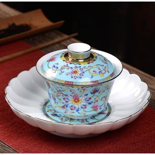 Enamel Tea Tureen 200ml Ceramic Porcelain Tea Bowl Fruit Plate Saucer Chinese Kung Fu Teaware Beautiful Gaiwan Decoration Crafts