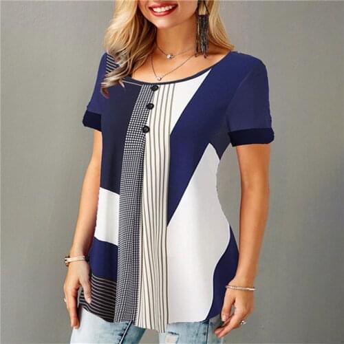 Summer Retro Women T-Shirts Ladies' Loose Fashion Tops Round Neck Short Sleeve Top Tees Female Buttoned Printed T-Shirts