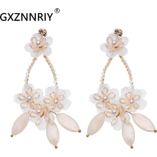 GXZNNRIY Handmade Flower Earrings for Women Accessories Bridal Wedding Shell Drop Earring Pearl 2021 Trendy Party Jewelry Gifts