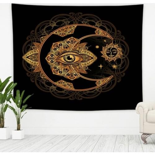 Indian Black Golden Sun and Moon Flower Tapestry Vintage Exotic Summer Mandala Frame for Bedroom Photography Wall Decor