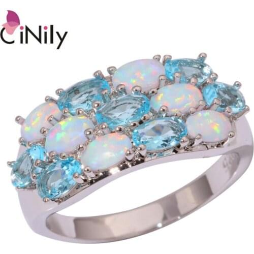 CiNily Created White Fire Opal Blue Zircon Silver Plated Ring Wholesale Fashion for Women Jewelry Ring Size 7 8 9 OJ8991