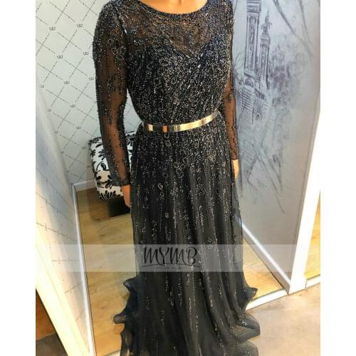 Hot Selling Luxury Long Sleeve Evening Dress Design Round Neck Crystal Beading Arabic Hijab Women Wedding Party Gowns A Line