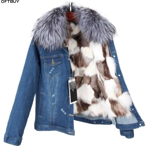 OFTBUY 2020 Winter Jacket Women Real Fur short Coat Parka Real raccoon collar fox fur liner hole bomber Denim jacket Streetwear