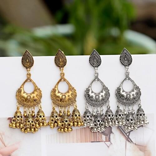 OIQUEI Boho Vintage Indian Jhumka Big Bells Tassel Dangle Earrings for Women Ethnic Statement Carved Metal Earring Gypsy Jewelry