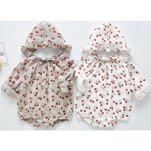 Autumn Baby Bodysuit Girl Long Sleeve Cherry Print Soft Cotton Jumpsuit And Hat Outfit Cotton Baby Girl Clothes