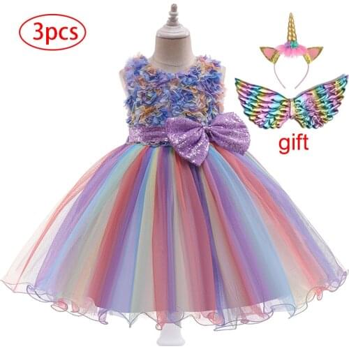 Flower Girl Wedding Rainbow Unicorn Dress Kids Birthday Party Fancy Bow Costume Girls Princess Tutu Dress Baby Clothes Vestidos