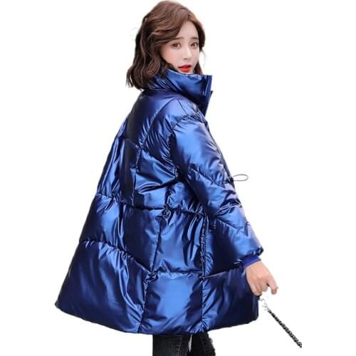 2021 Winter Womens Long Down Jacket Shiny Plus Size Solid Overcoat Female Stand Collar with Big Pockets Casual Female Cold Coat