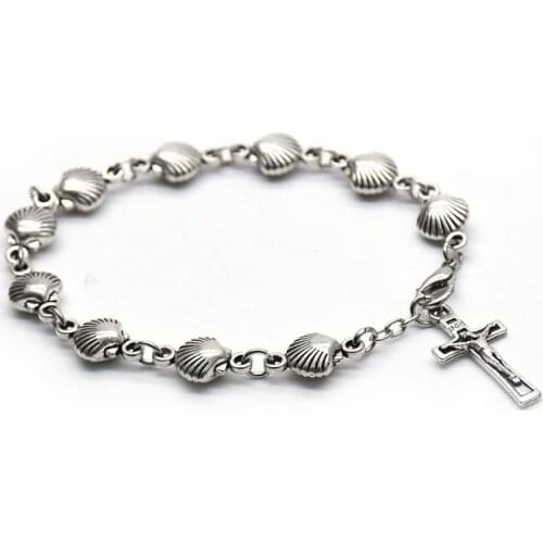 QIGO Vintage Cross Pendant Metal Shell Strand Bracelet For Men Women Religious Jewelry Gifts
