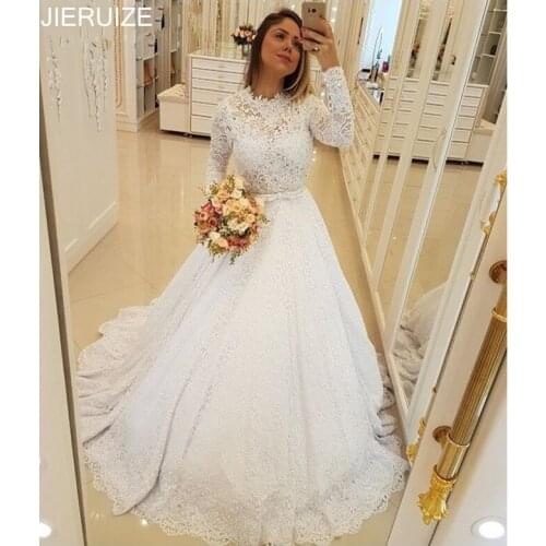 JIERUIZE Luxury Lace Wedding Dresses O Neck Long Sleeves Button Bak Bow Sash With Pearls A Line Wedding Gowns vestido de noiva