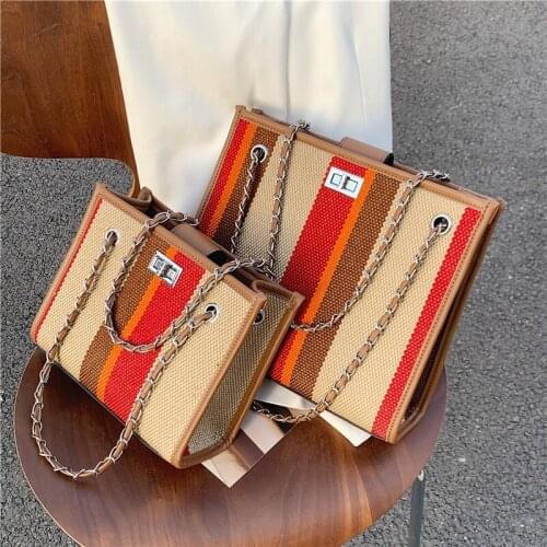 Luxury Striped Tote Bag Female Casual Canvas Shoulder Bags Fashion Chain Crossbody Bag VIntage Women Small Woven Commuter Bags