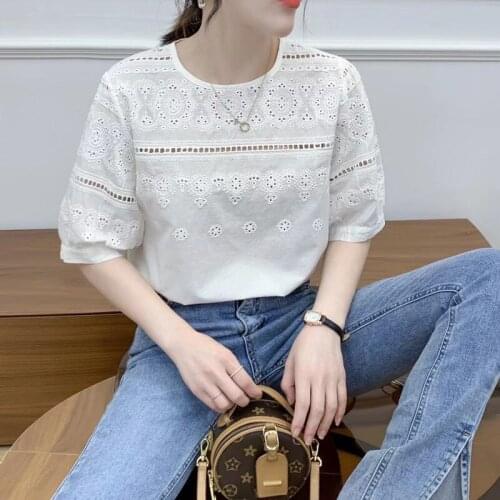 Lamtrip Korean Chic Gothic Embroidery Hollow Out Short Puff Sleeve Cotton Tee White Retro T-Shirt Women 2021 Summer