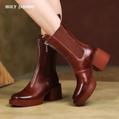 2022 New Front Zipper Women Ankle Boots Genuine Leather Office Lady Casual Thick Heels Autumn Winter Fashion Concise Shoes Woman