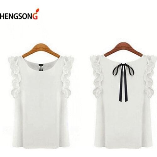 HENGSONG Women Summer Tops Women Fashion Lotus Leaf O-Neck Casual Shirt Ladies Bow Chiffon Shirt Tops S-XL White Yellow