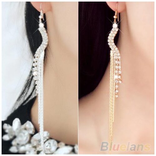 Women S-shape Rhinestone Party Cocktail Chain Tassels Dangle Linear Earrings 1SZQ