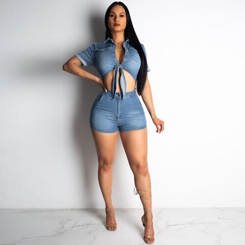 Sexy Denim Jumpsuit Jeans Women Short Sleeve Rompers Bow Tie Bandage Hollow Out Single Breasted Button Tight Playsuit Plus Size