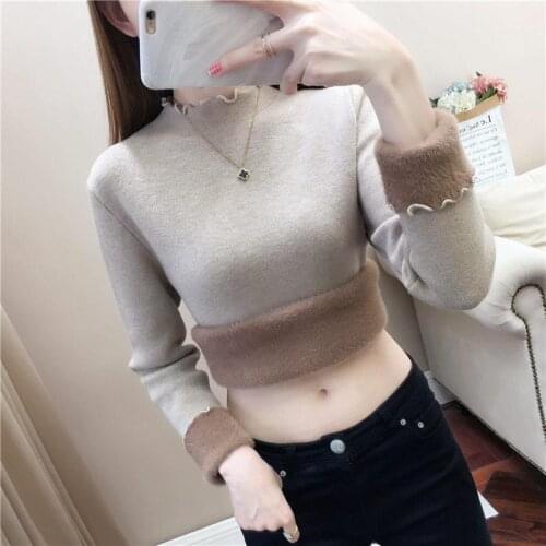 2021 Women Autumn Winter New Plus Velvet Thick Slim Sweater Tops Female Solid Knitted Jumpers Ladies Warm Skinny Pullovers P410