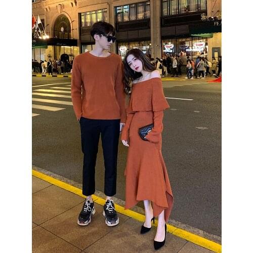 2020 off the shoulder one line knitted wool dress long