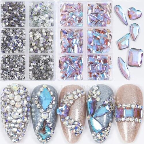 2840PCS Night Skyblue SS6-SS20 Flatback Round Diamonds Charm Purple 12 shapes Jewel Acrylic Nail Art Rhinestones Manicure