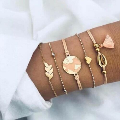 5Pcs/Set Tassel Bohemian Drop Oil World Map Bracelet Pendant Women Fashion Love Heart Leaf Shell Cuff Chain Bracelets