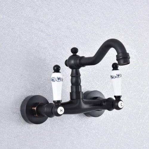 Oil Rubbed Bronze Bathroom Basin Swivel Spout Faucet Wall Mounted Dual Ceramic Handles Vessel Sink Mixer Taps zsf757