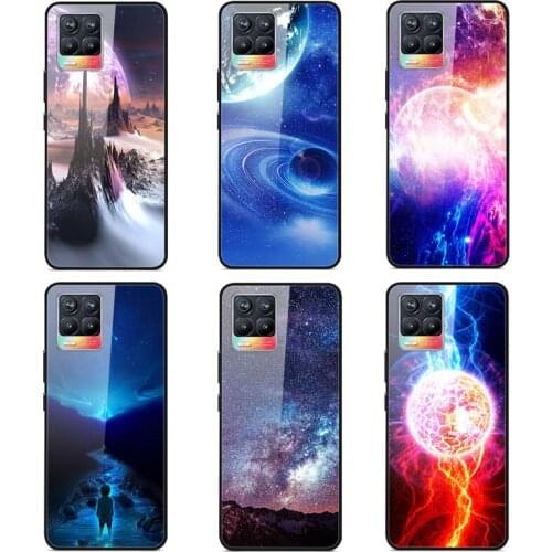 Case Realme 8 Phone Case Back Cover Black Silicone Bumper With Tempered Glass Star Sky Pattern