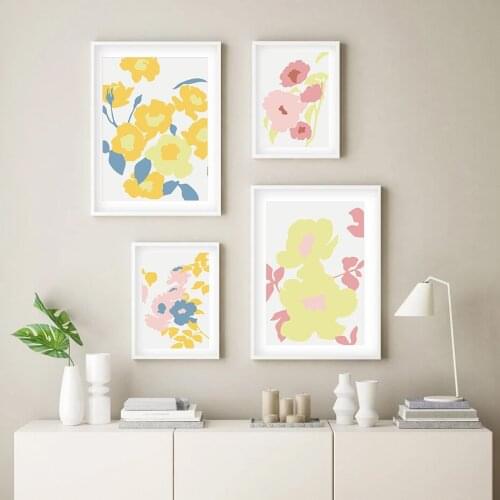 Boho Flower Poster Pink Blue Yellow Botanical Wall Art Print Canvas Painting Scandinavian Style Picture Living Room Decoration