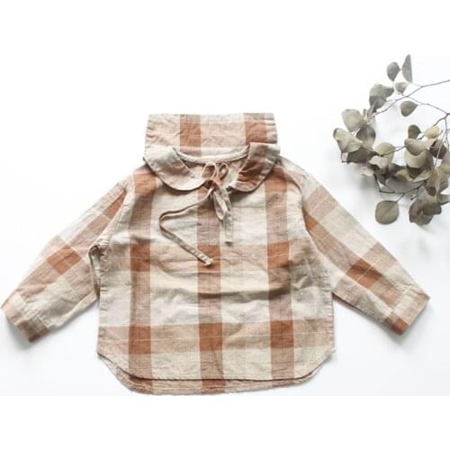 Children Autumn Plaid Shirts Korean Style Cotton Linen Casual Tops Baby Girls Blouses Toddlers Kids Clothes