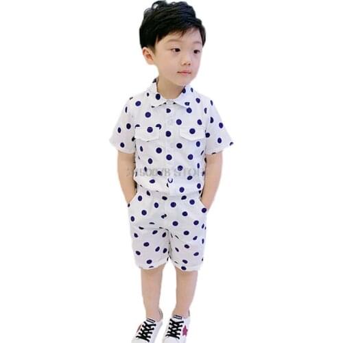School Boys Summer Hawaii Suit Dot Blazer+Shorts 2PCS Clothing Set Gentleman Kids Wedding Dress Enfant Garcon Mariage Party Wear